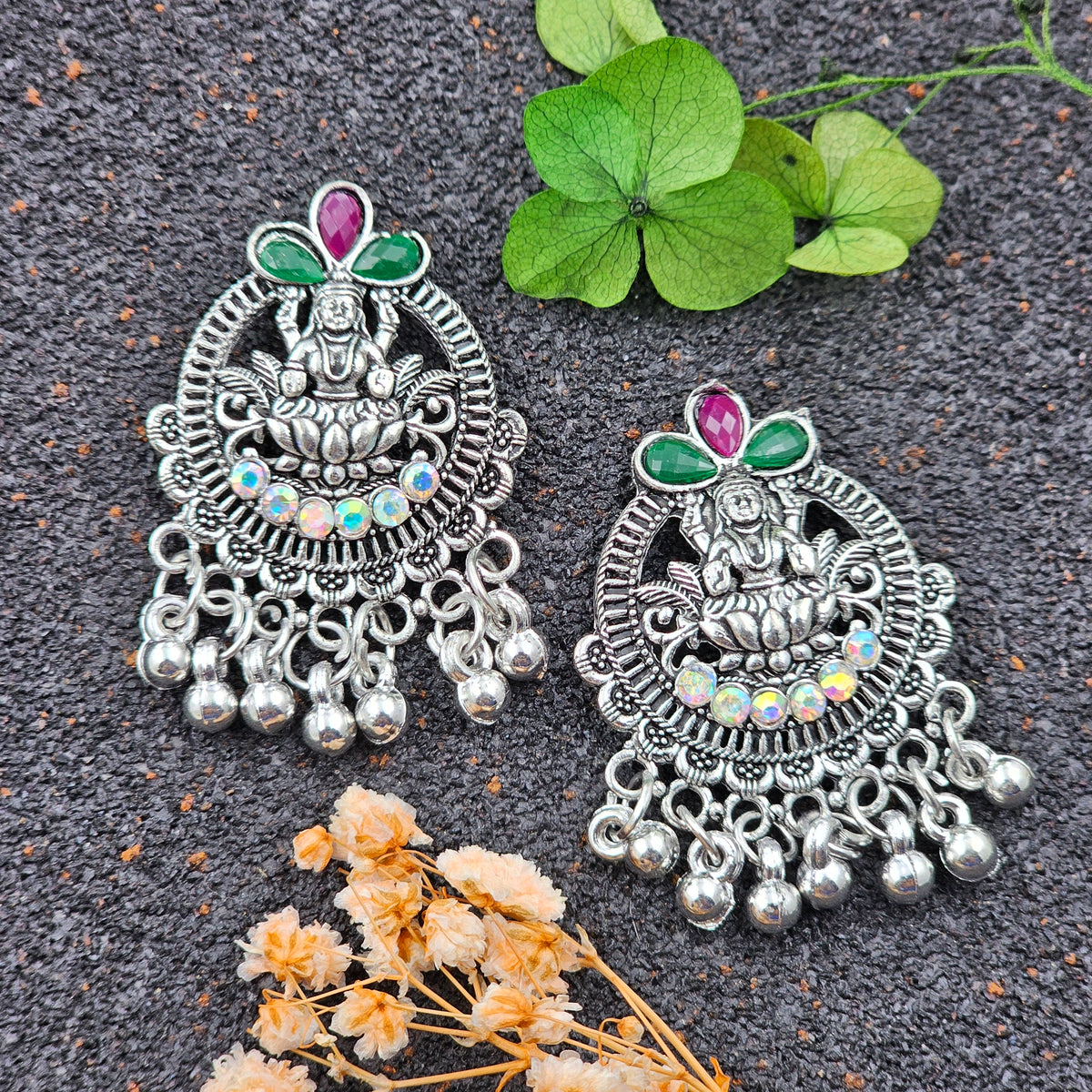 Goddess Rainbow & Multicolour Stone Traditional Silver Oxidized Earrings