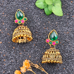 Green & Pink Stone Drop Jhumka Golden Oxidised Earrings