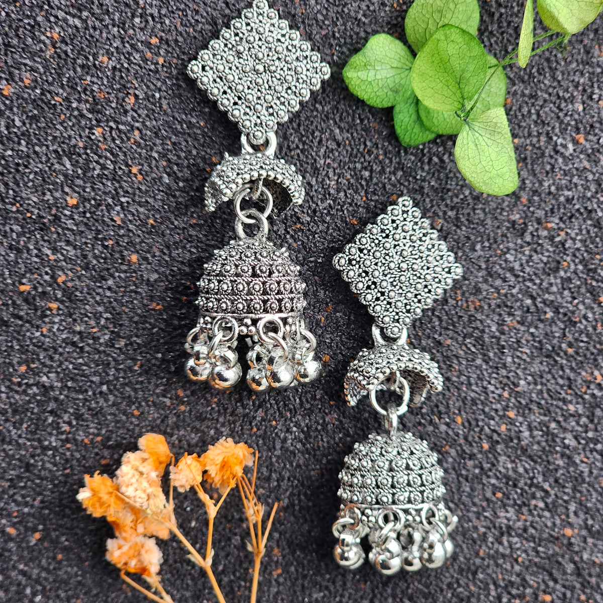Beautiful Silver Oxidised Earrings With Drop Jhumka