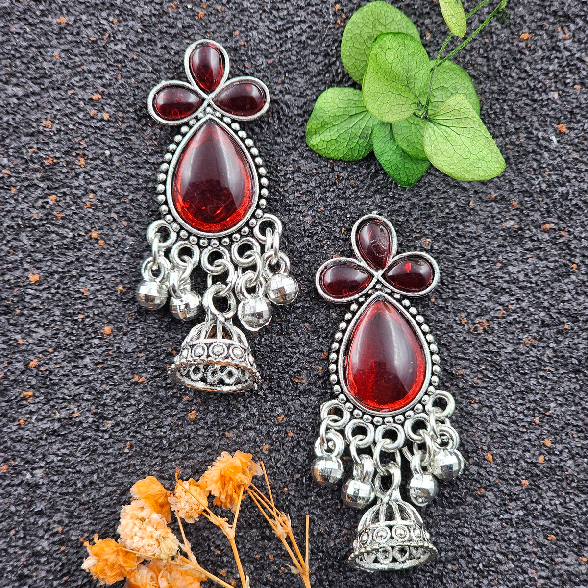 Water Drop Shape Silver Oxidised Red Stone Jhumka Earrings
