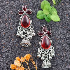 Water Drop Shape Silver Oxidised Red Stone Jhumka Earrings