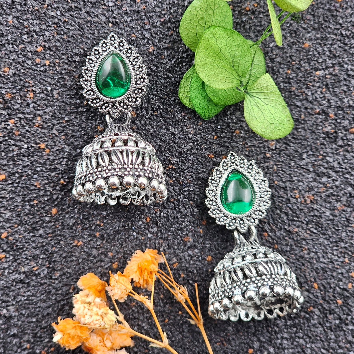 Water Drop Shape Green Stone Silver Oxidised Jhumka Earrings