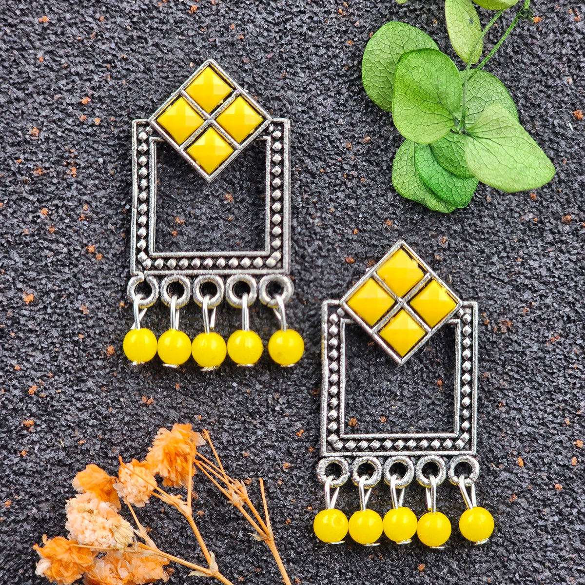 Yellow Color Stone & Beads Silver Oxidised Earrings