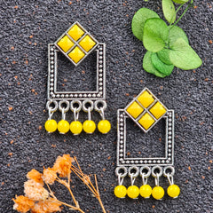 Yellow Color Stone & Beads Silver Oxidised Earrings