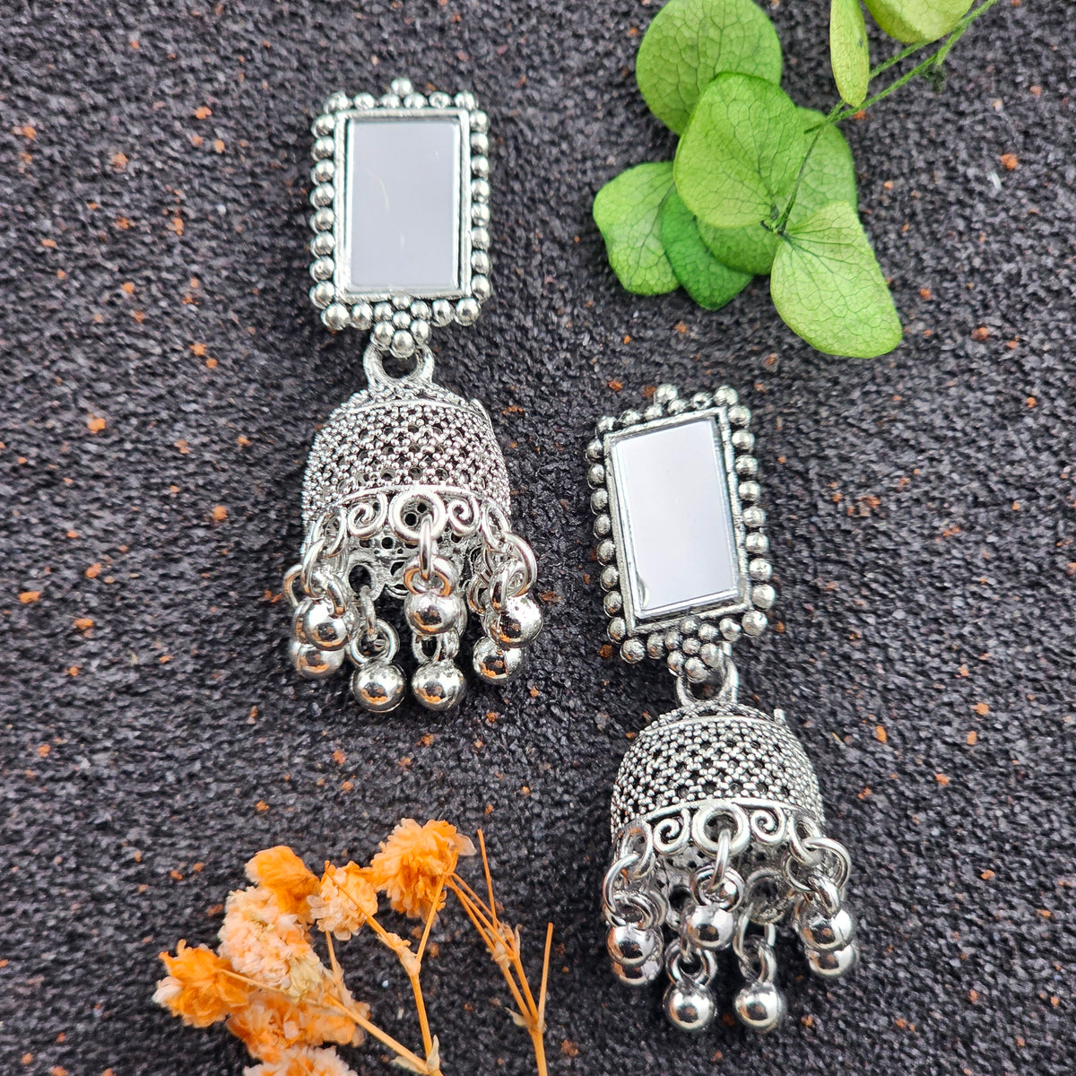 Silver Oxidised White Mirror Drop Jhumka Earrings