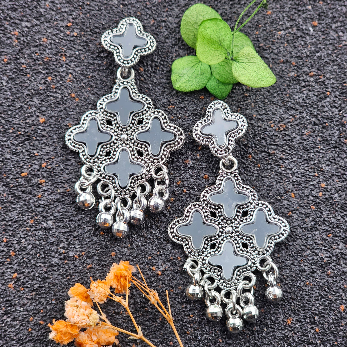 Star Shape Black Mirror Silver Oxidised Earrings