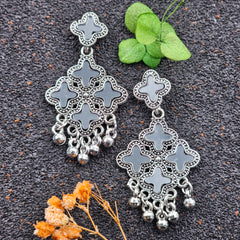 Star Shape Black Mirror Silver Oxidised Earrings