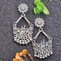 Silver Oxidised Radha Krishna Dangler Rainbow Stone Earrings