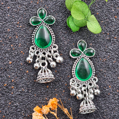 Green Color Water Drop Shape Stone Silver Oxidised Jhumka Earrings