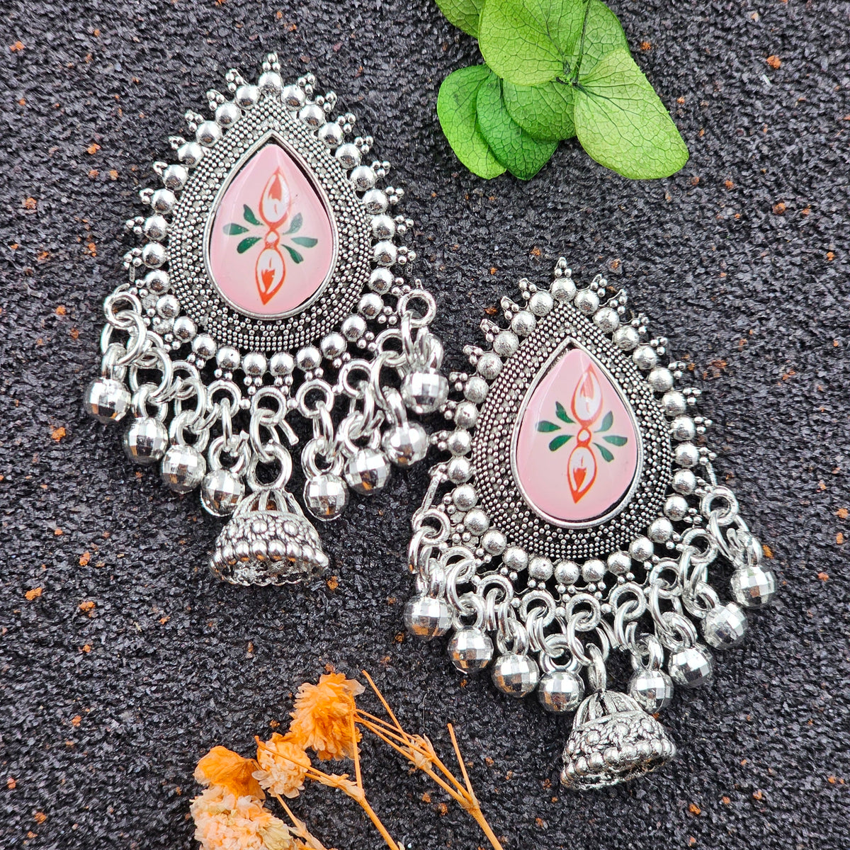 Tikka Shape Rangoli Design Sticker Drop Jhumka Silver Oxidised Earrings