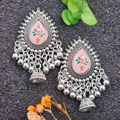 Tikka Shape Rangoli Design Sticker Drop Jhumka Silver Oxidised Earrings