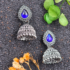 Blue Stone Silver Oxidise Jhumka Earrings
