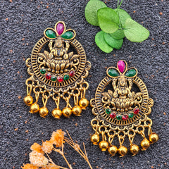 Goddess Golden Oxidised Pink & Green Stone Earrings