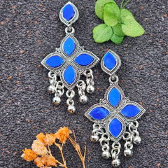 Blue Color leaf Design Silver Oxidised Earrings