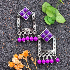 Purple Color Stone & Beads Silver Oxidised Earrings
