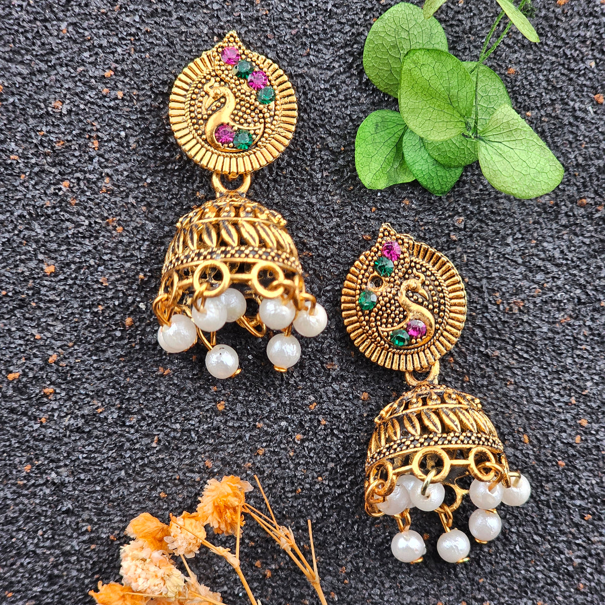 Pink & Green Stone Peacock Engraved Jhumka Golden Oxidised Earrings