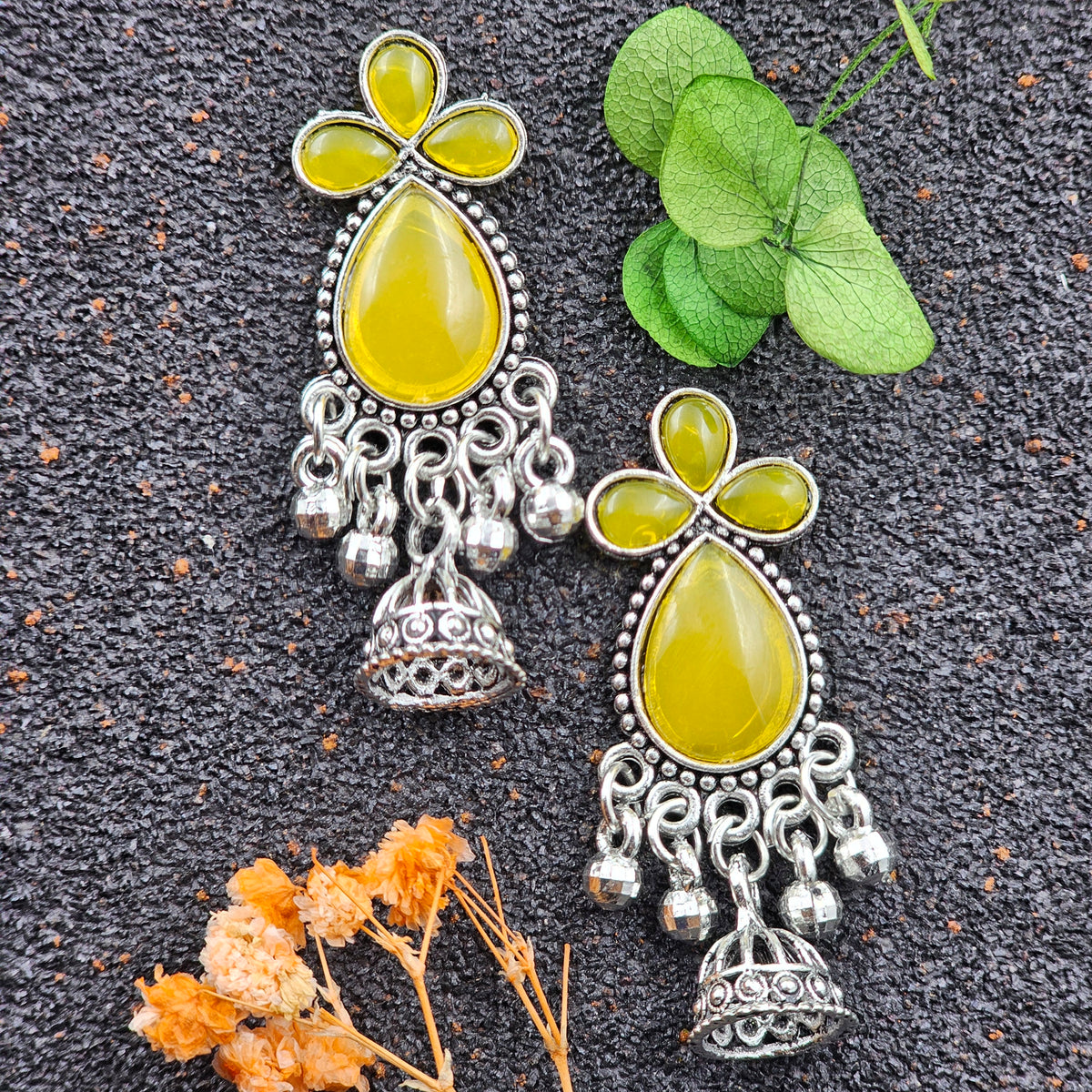 Yellow Color Stone Drop Jhumka Silver Oxidised Earrings