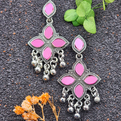 Pink Color leaf Design Silver Oxidised Earrings