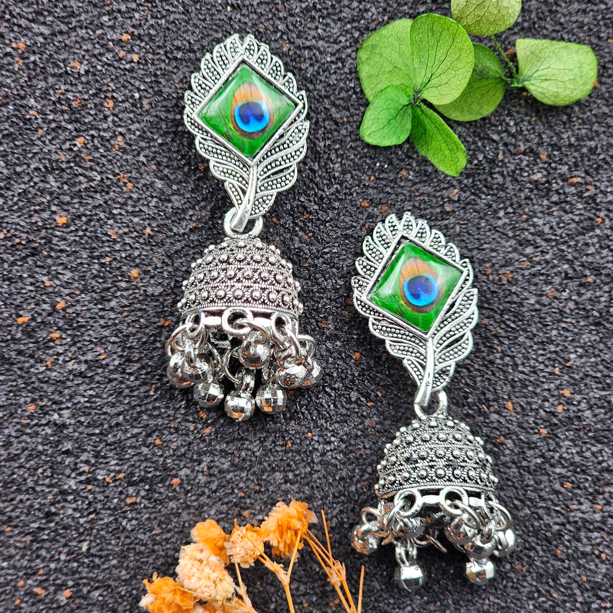 Trendy Silver Oxidised Peacock Feather Sticker Jhumka Earrings