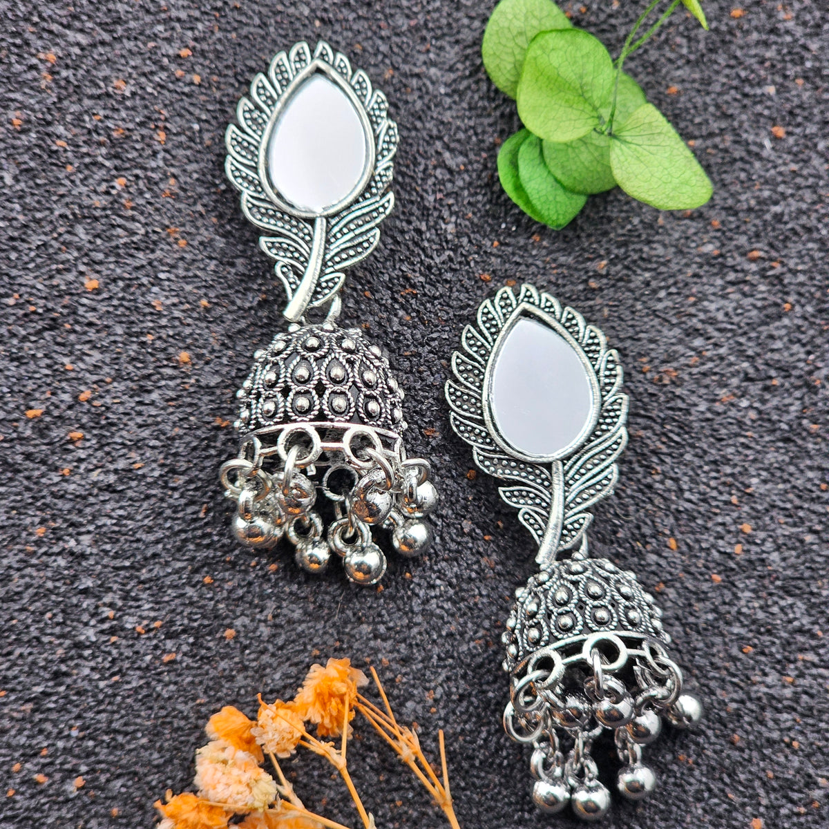 Peacock Feather Mirror Silver Oxidised Jhumka Earrings