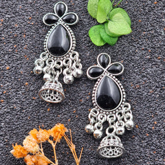 Black Color Water Drop Shape Stone Silver Oxidised Jhumka Earrings
