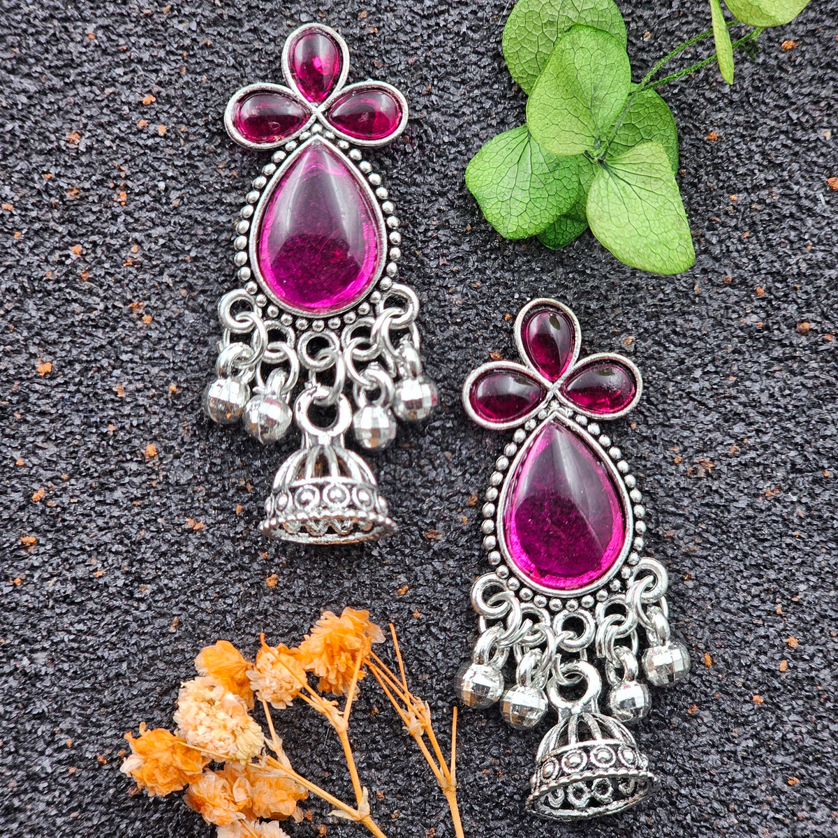 Rani Pink Color Water Drop Shape Stone Silver Oxidised Jhumka Earrings