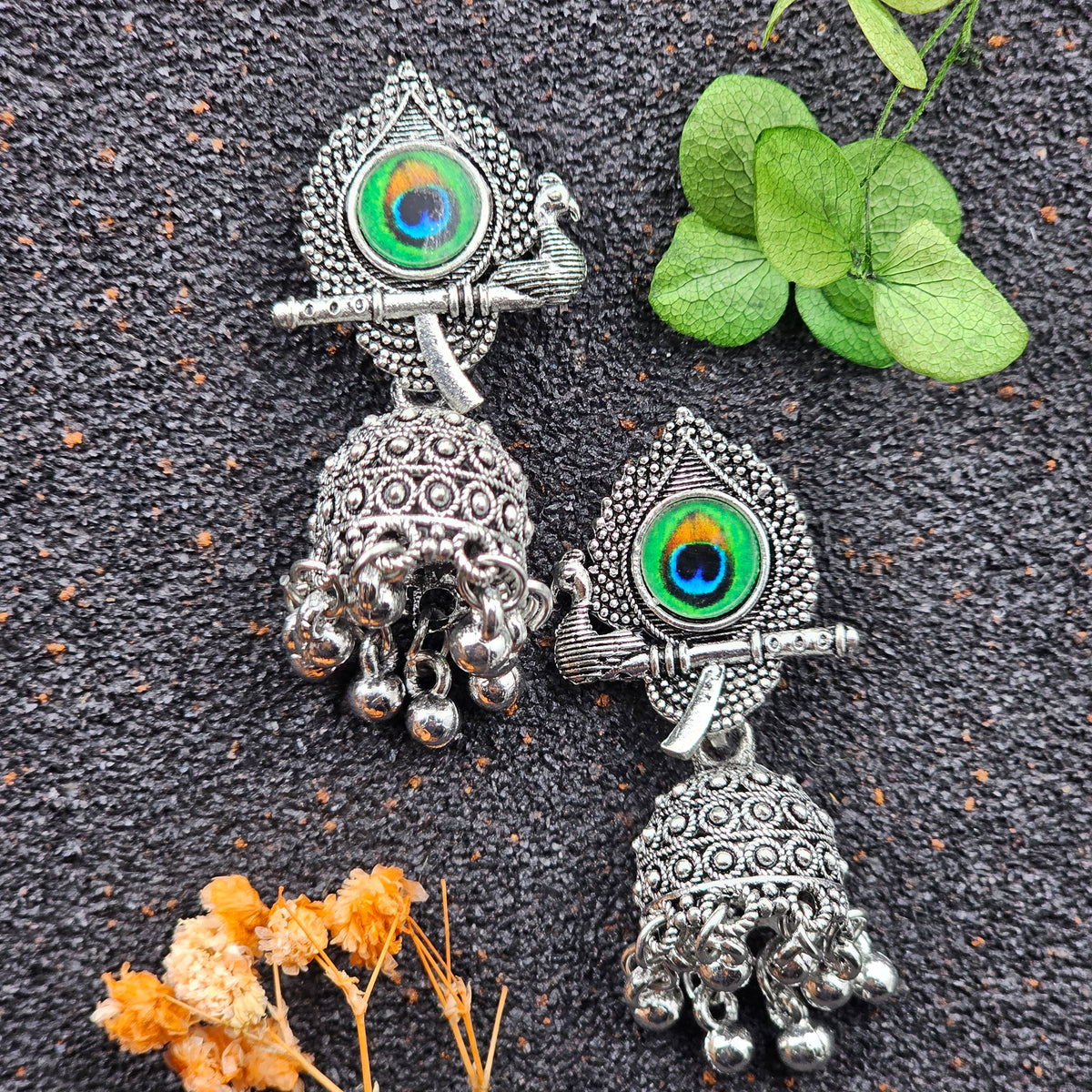 Flute And Peacock Feather Sticker Jhumka Silver Oxidised Earrings