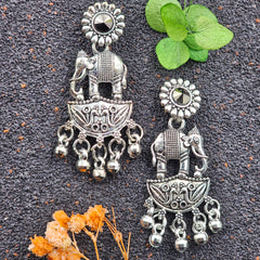 Elephant Shape Drop Chaandbali Silver Oxidised Earrings