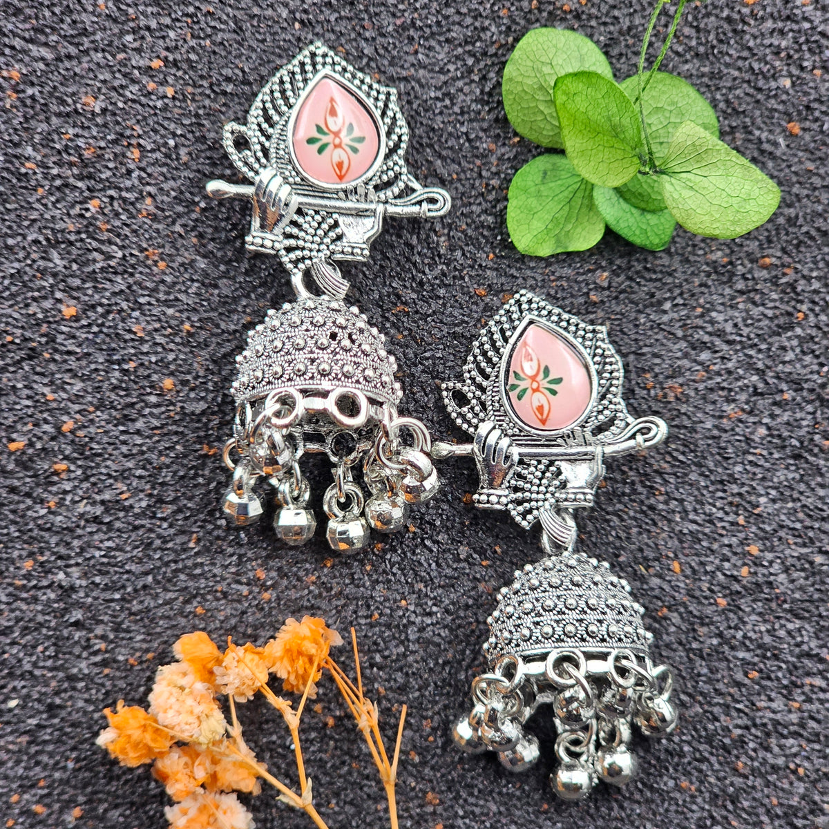Traditional Flute Sticker Silver Oxidised Multicolor Jhumka Earrings
