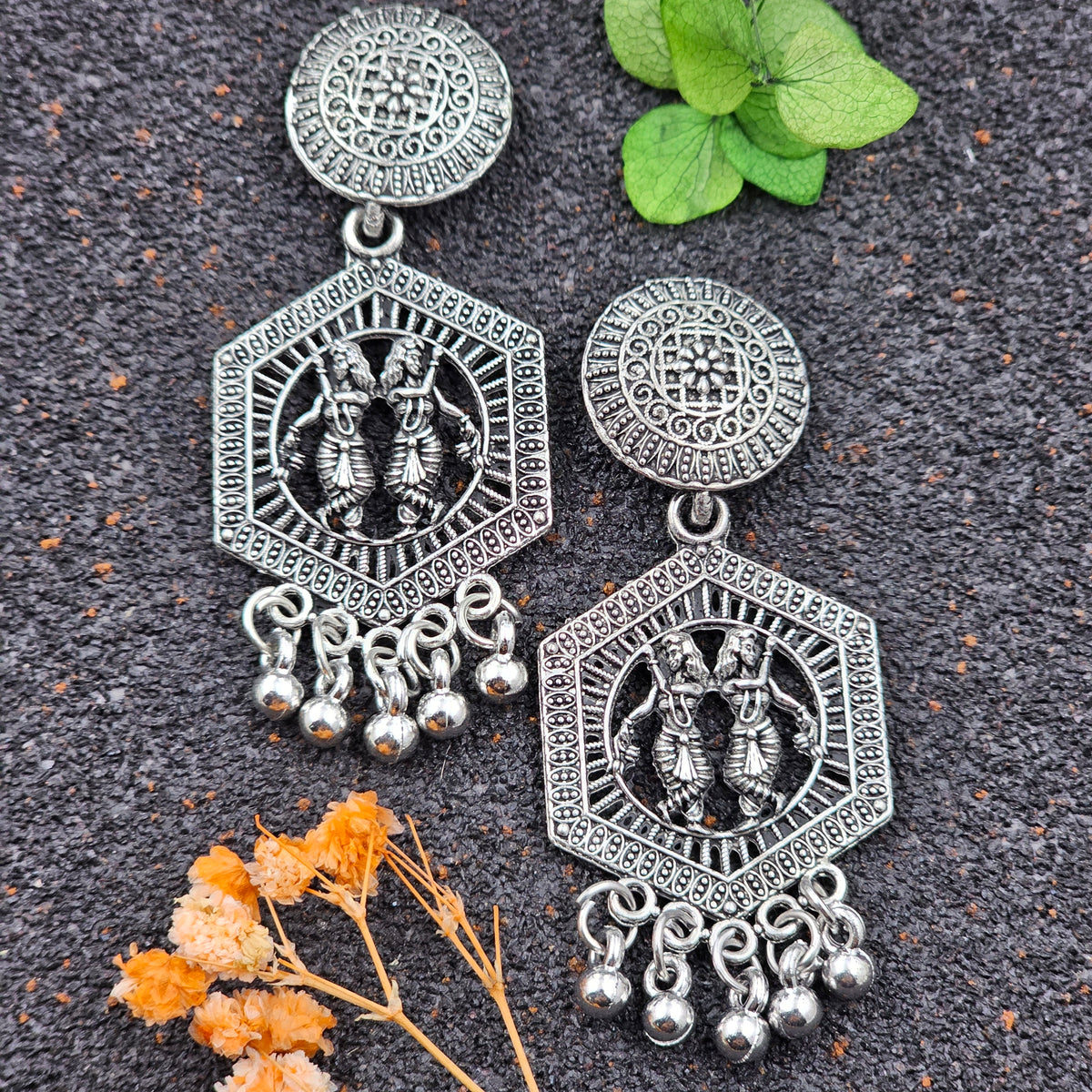 Tribal Silver Oxidised Drop Beads Cute Earrings