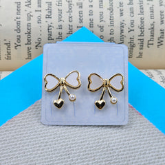 Golden Heart & Ribbon Bow Drop Earrings