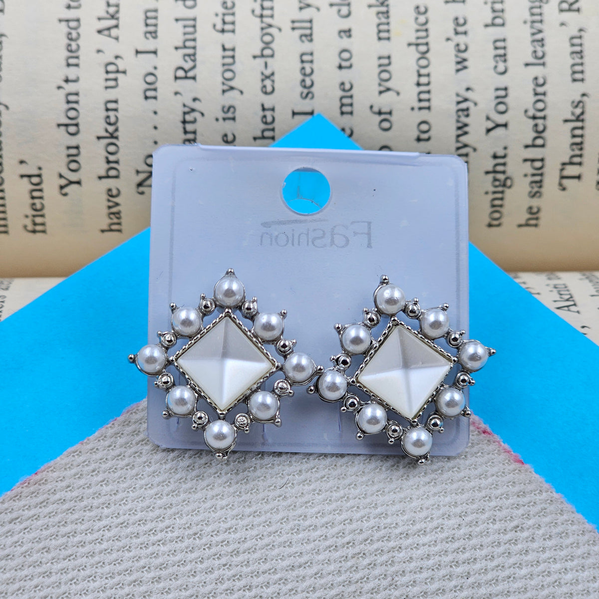 Square Shape Pearl Studded Silver Statement Studs Earrings