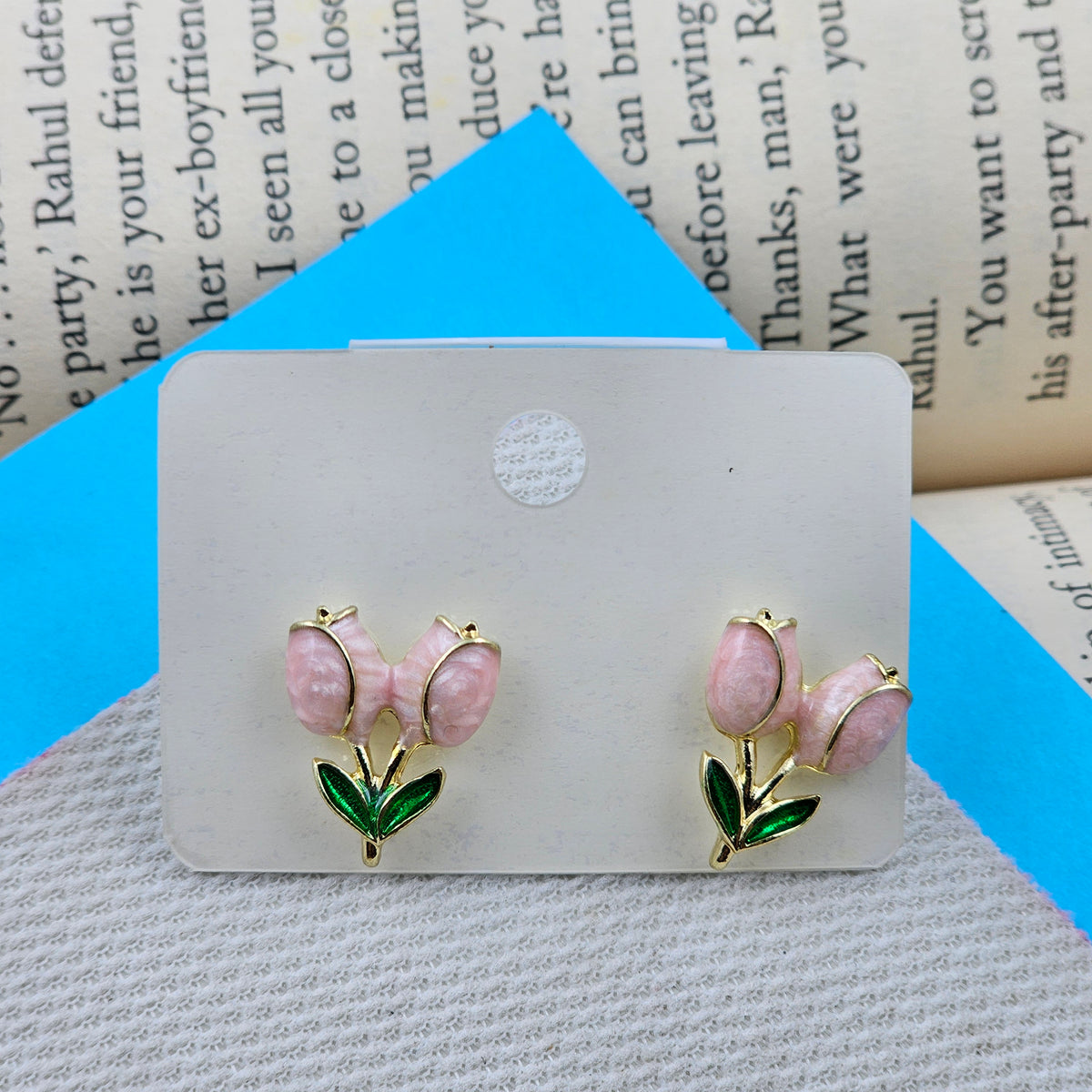 Tulip Flower Pink & Green Bud Studs Earrings