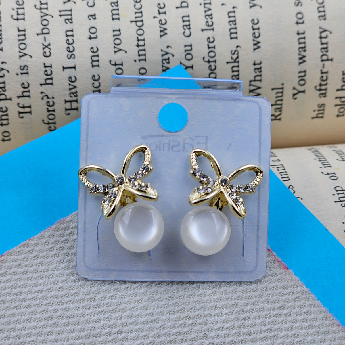 Gold Tone Pearl Butterfly Earrings