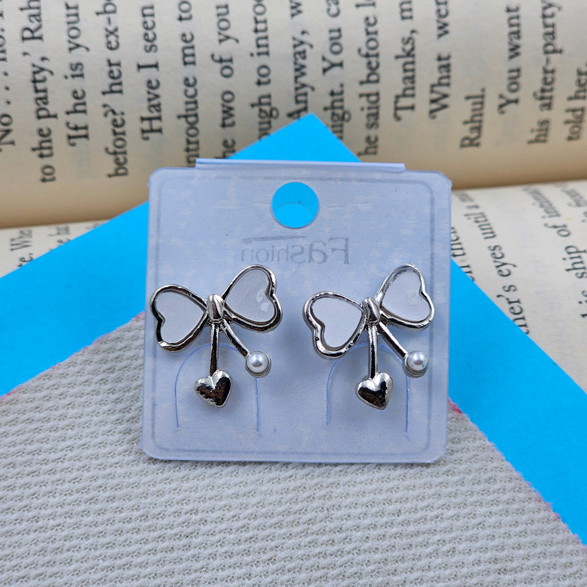 Silver Heart Shape Bow Drop Earrings