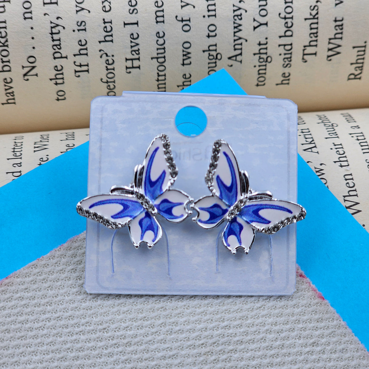 Sparkling Blue and White Butterfly Stud Earrings