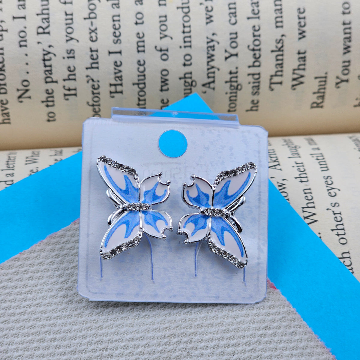 Bling Blue & White Butterfly Stud Earrings