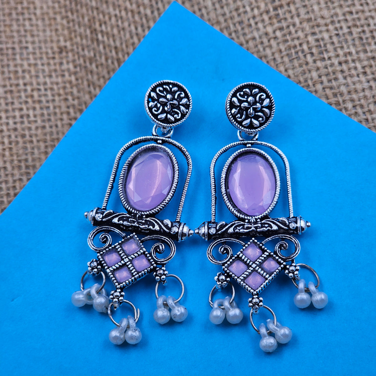 Light Purple Oval Shape Stone Studded Silver-Tone Earrings