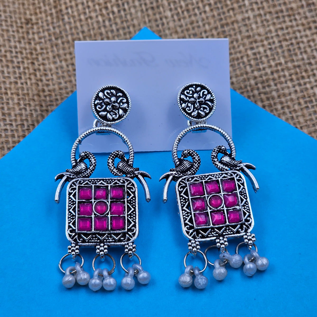 Rani Pink Stons Birds Design Drop Beads Silver Oxidised Earrings