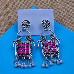 Rani Pink Stons Birds Design Drop Beads Silver Oxidised Earrings