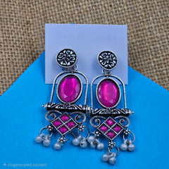 Sparkling Pink Stone Dangler Silver Oxidised Earrings
