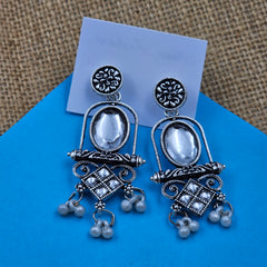 Oval Shape Stone Drop Beads Oxidised Silver Earrings