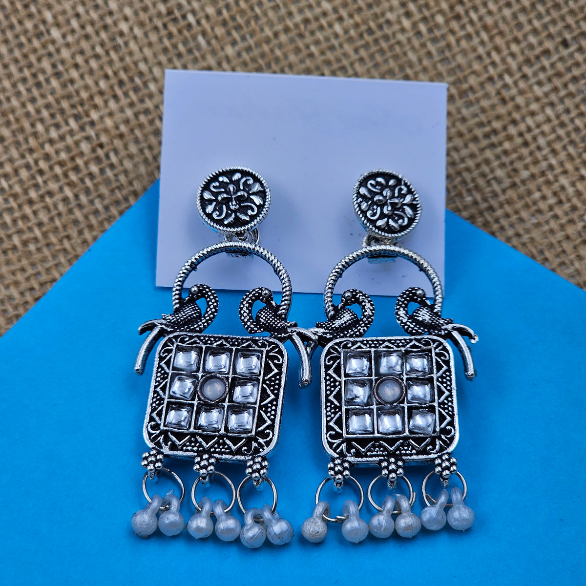 White Stone Traditional Bird Motif Drop Earrings