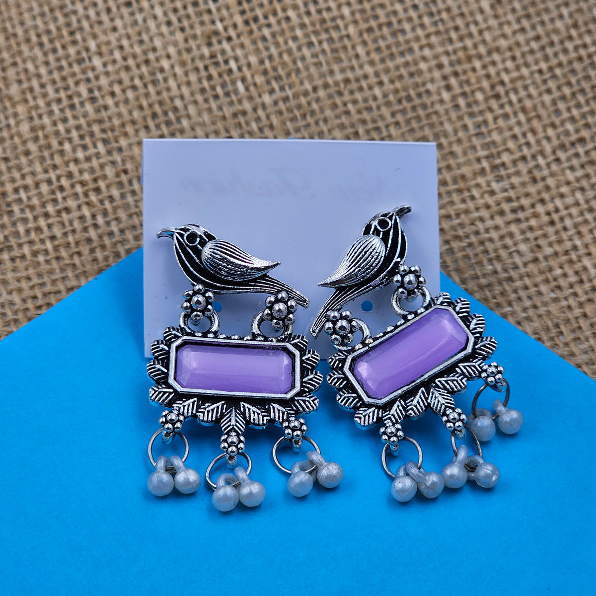 Bird Design rectangle Shape Purple Stone Oxidised Silver Earrings