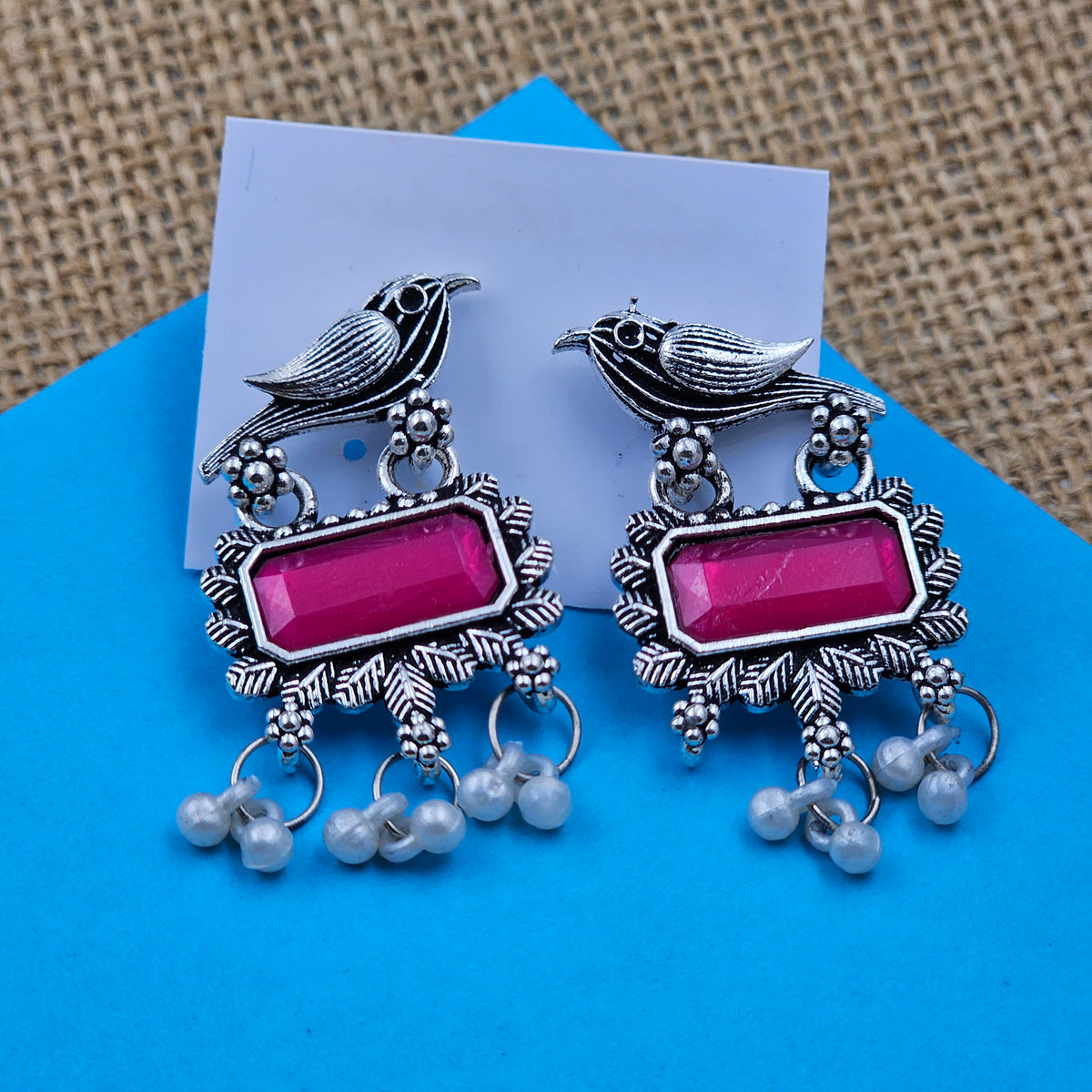 Pink Birdie Oxidized Silver Drops
