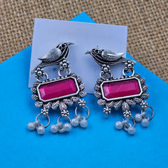 Pink Birdie Oxidized Silver Drops