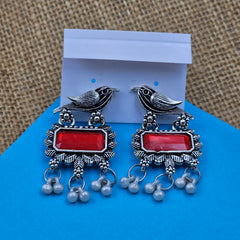 Red Stone Rectangle Shape Birds Design Earrings
