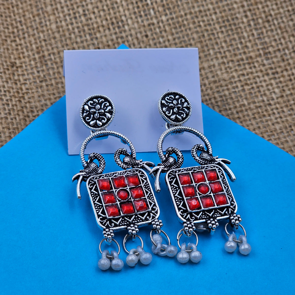 Bright Red Stone Birds Design Oxidised Silver Earrings