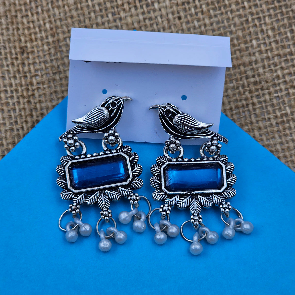 Deep Blue Oxidized Silver Statement Rectangle Earrings