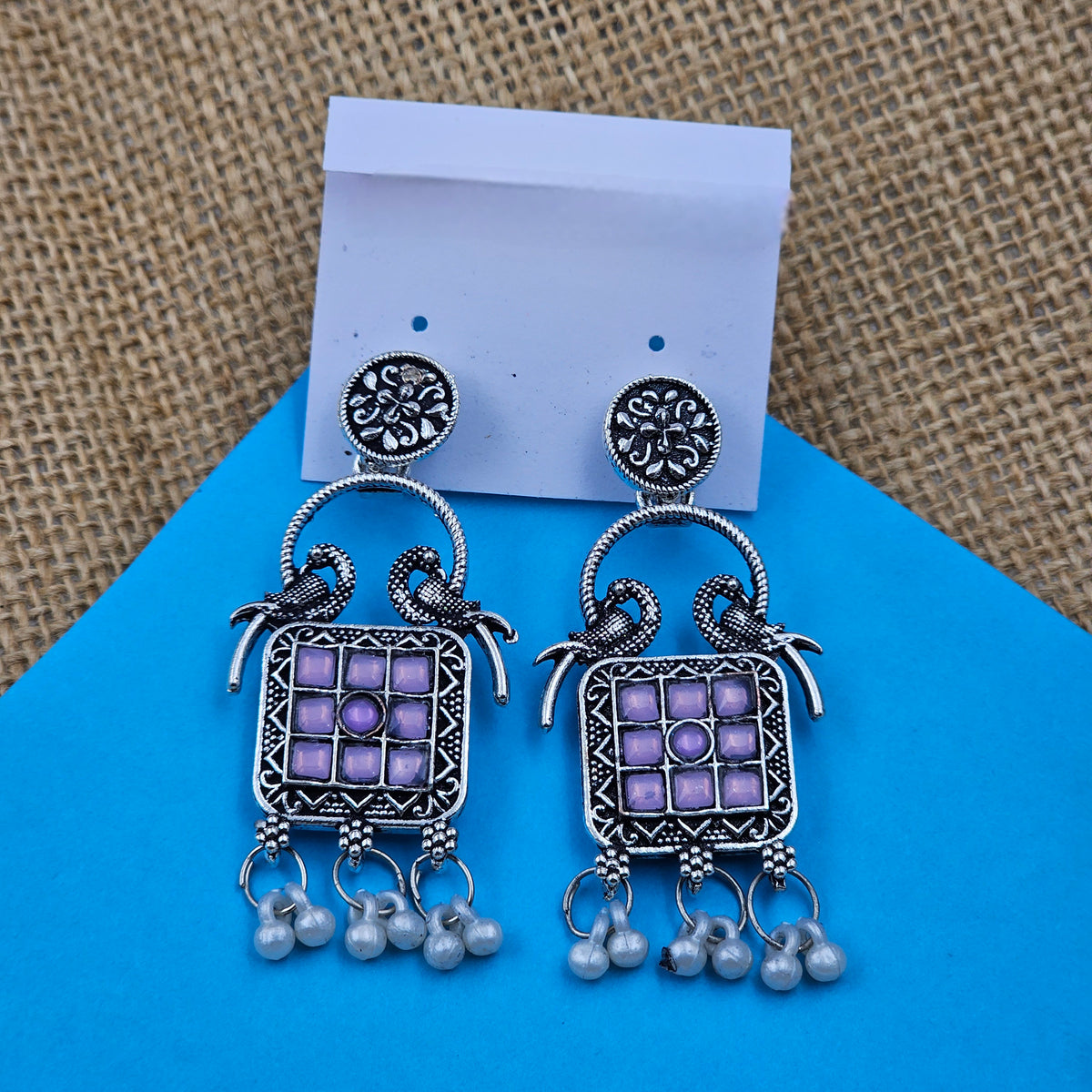 Birds Design Purple Stone Silver Oxidised Earrings